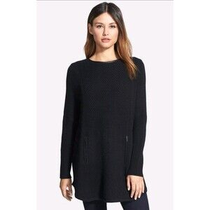 Nordstrom Collection Cashmere Sweater Womems Small Black Leather Trim Neckline